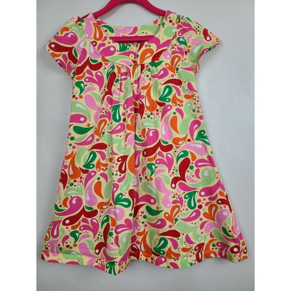 Hanna Andersson‎ Yellow Pink Colorful Splash Cap Sleeve Cotton Dress Sz 5-6